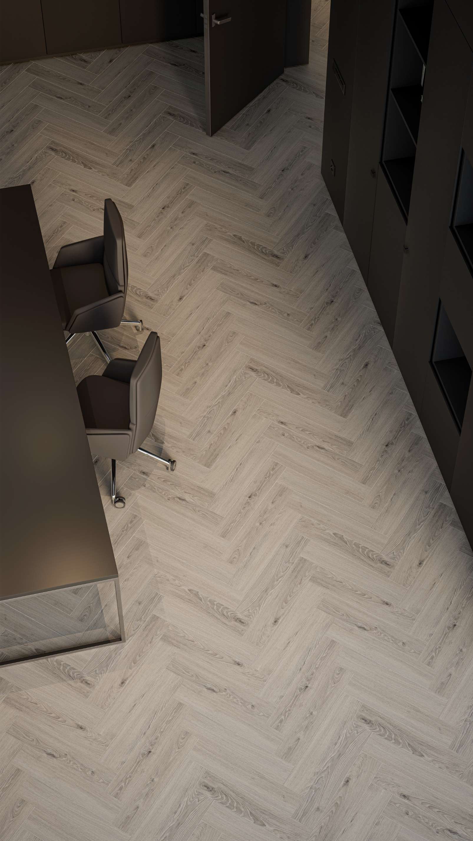 Greige Montanara Oak, MR, 6 mm, Herringbone - Room Scene